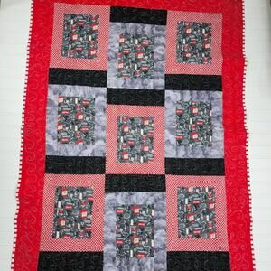 Fantastic Handmade Red Black White Automotive Themed Small Quilt 50 x 72 Inches